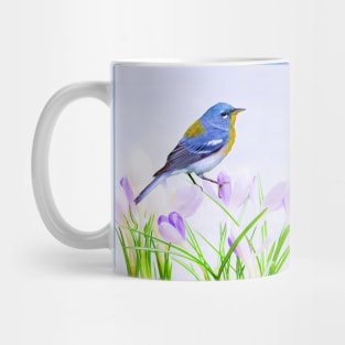 Parula Warbler Perched on Crocus Flowers Mug